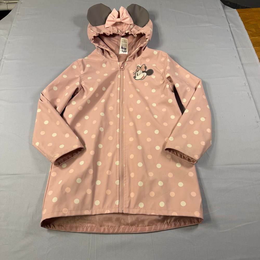 Disney Junior Minnie Mouse Pink Polka Dot Hooded Raincoat Girls Size 8 Ears Bow